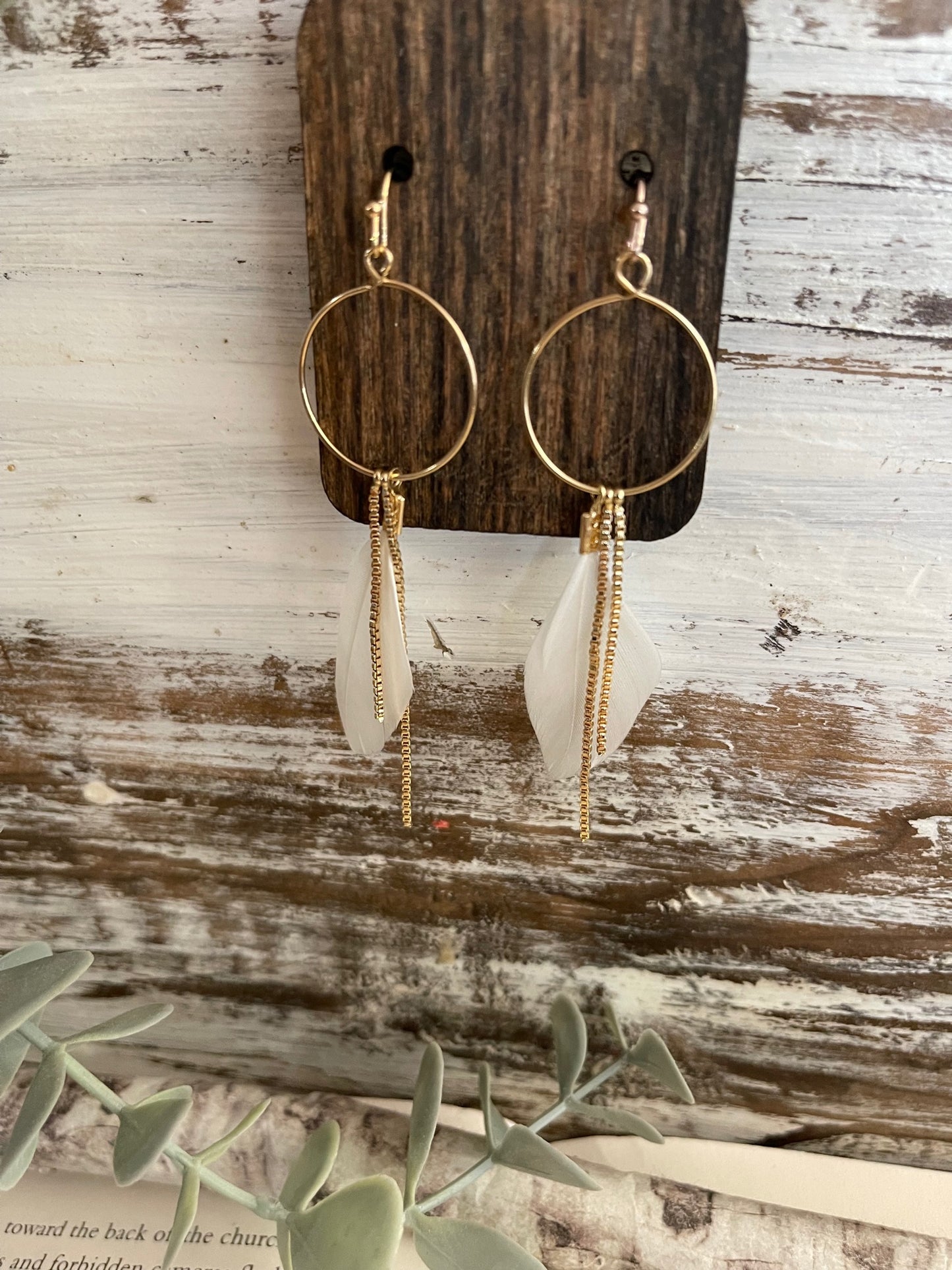 Gray Feather Earrings w/Gold Accent Chains