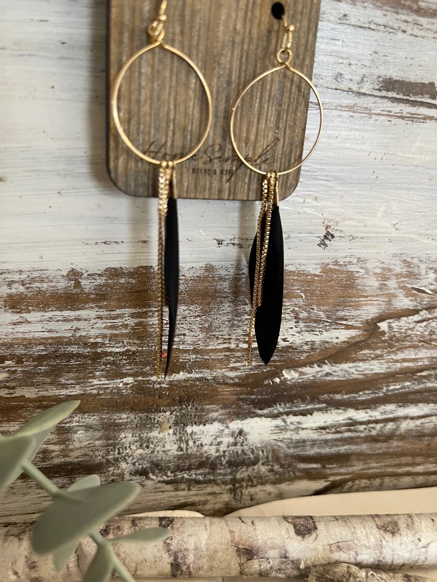Gray Feather Earrings w/Gold Accent Chains