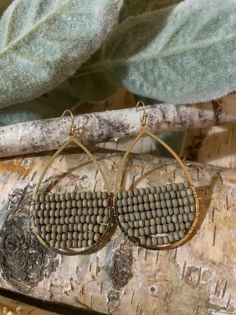 Gold Teardrop Natural Wood Half Beaded Earrings