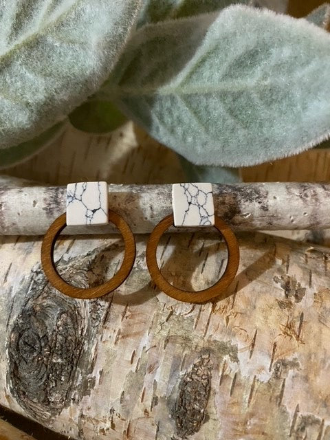 Square Stone Wood Circle Stud Earrings