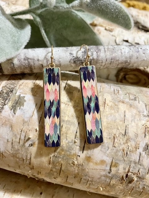 Pattern Printed Gold Bar Earrings