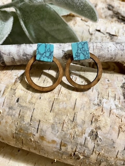 Square Stone Wood Circle Stud Earrings