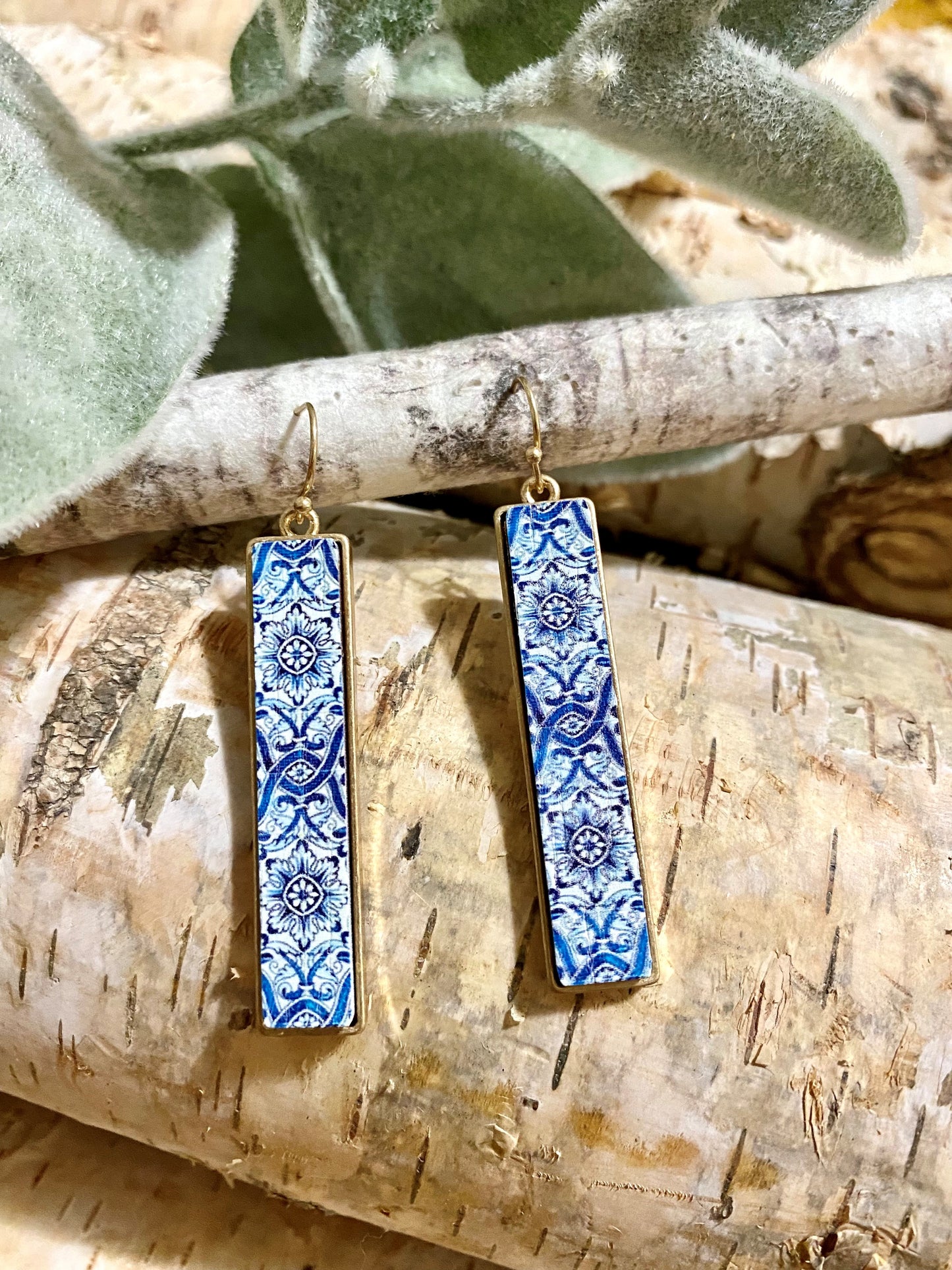 Pattern Printed Gold Bar Earrings