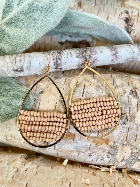Gold Teardrop Natural Wood Half Beaded Earrings