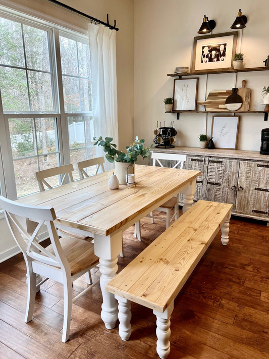 Farmhouse Table w/ Chunky Legs, bench and 4 Chairs
