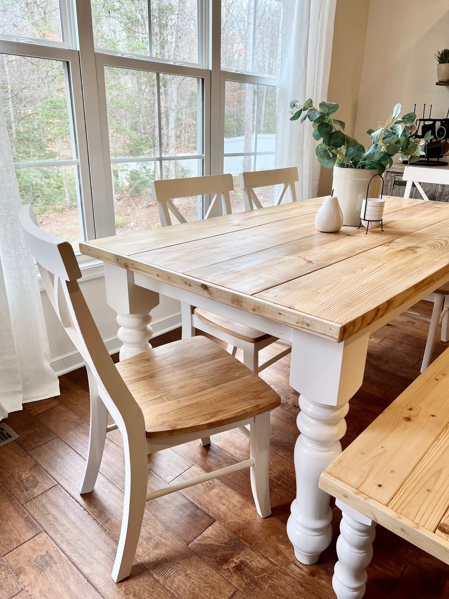 Farmhouse Table w/ Chunky Legs, bench and 4 Chairs