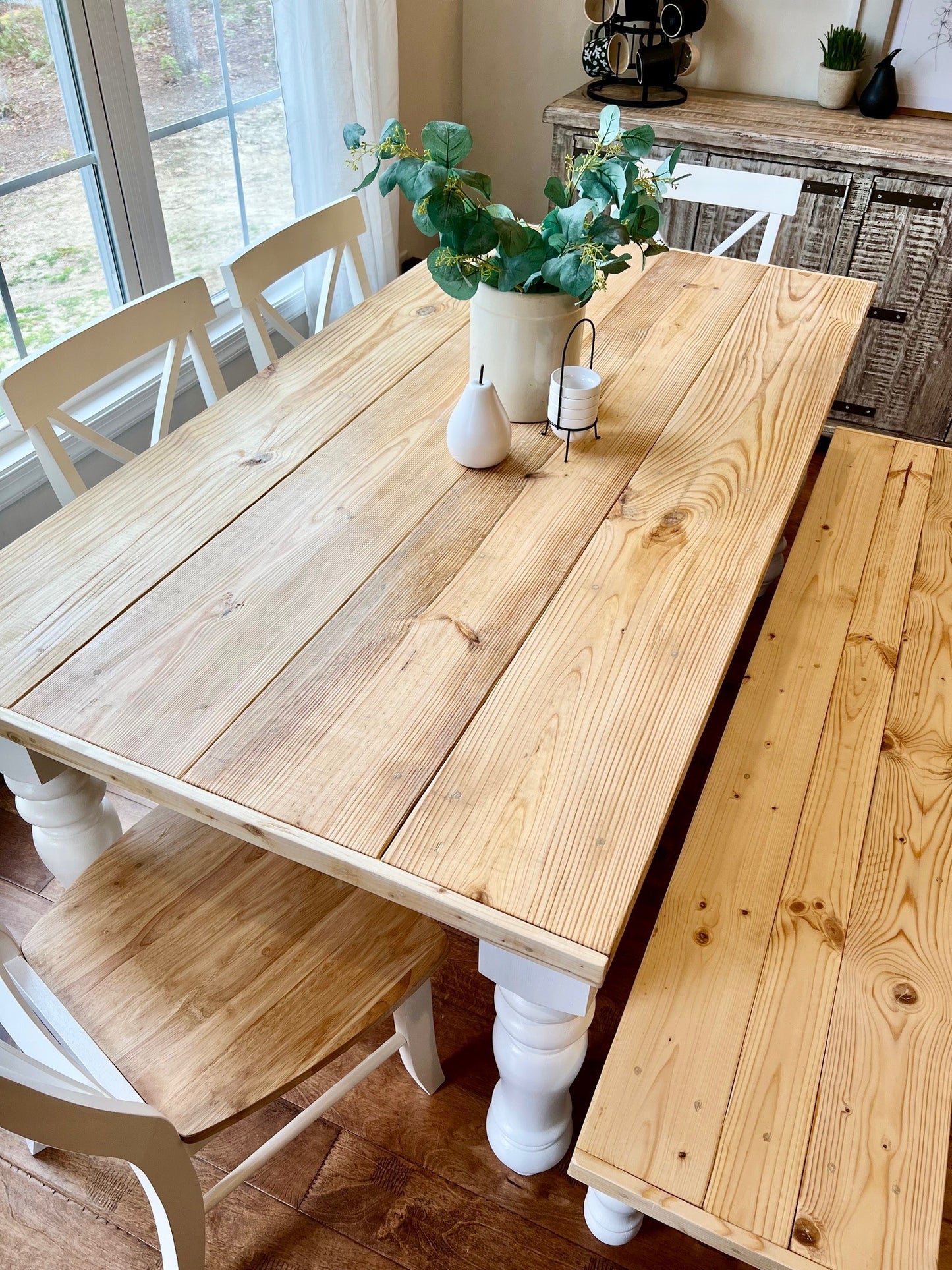 Farmhouse Table w/ Chunky Legs, bench and 4 Chairs