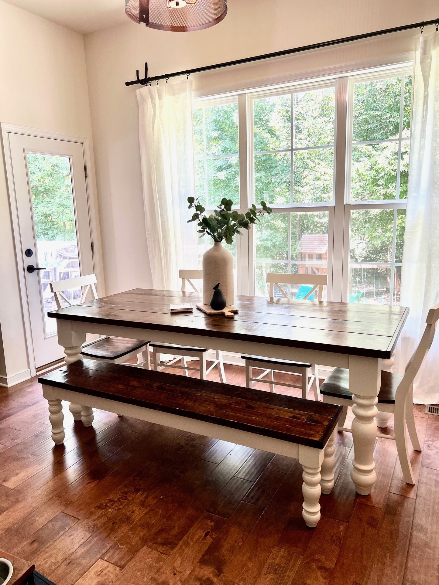 Farmhouse Table Chunky Round Legs w/ Bench 4 Chairs