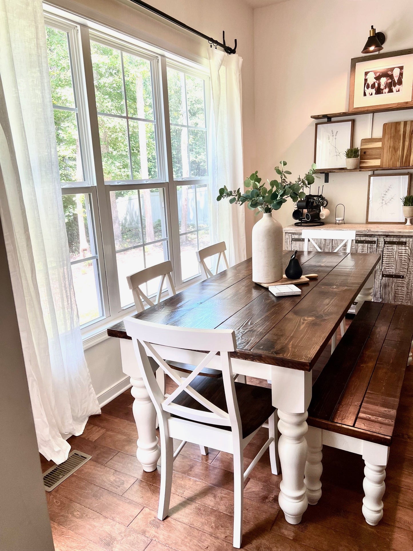 Farmhouse Table Chunky Round Legs w/ Bench 4 Chairs