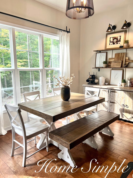 Truss Beam Table w/ Apron, Bench and 4Chairs