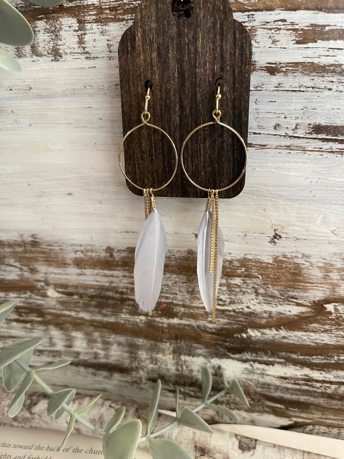 Gray Feather Earrings w/Gold Accent Chains