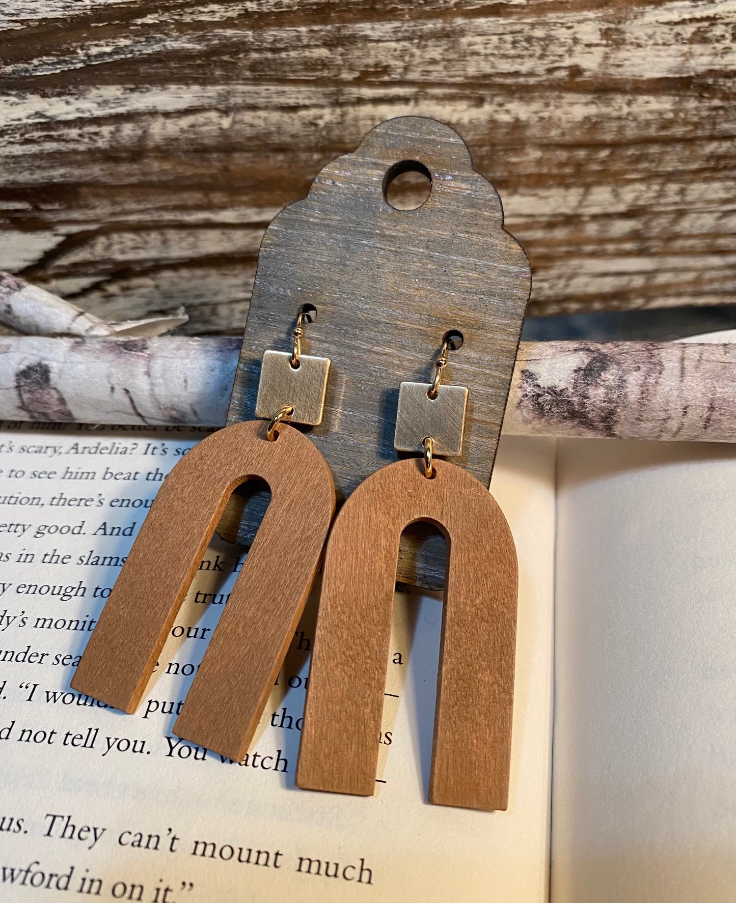 Wood Arch Worn Gold Boho Earrings