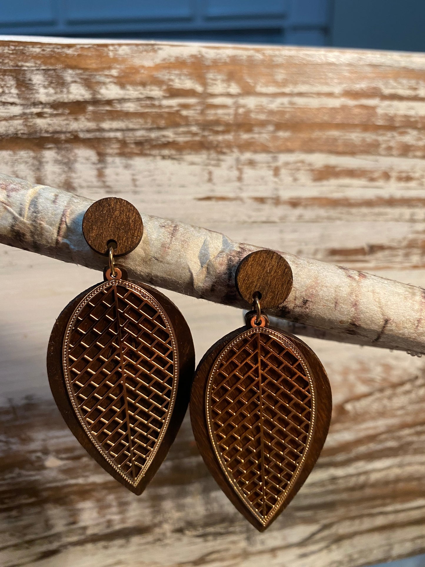 Dark Wood and Gold Leaf Stud Earrings