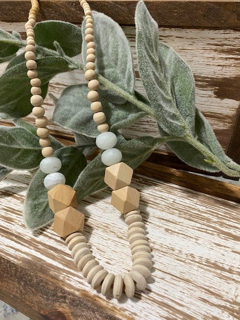 Natural Wood and Mint Large Bead Necklace