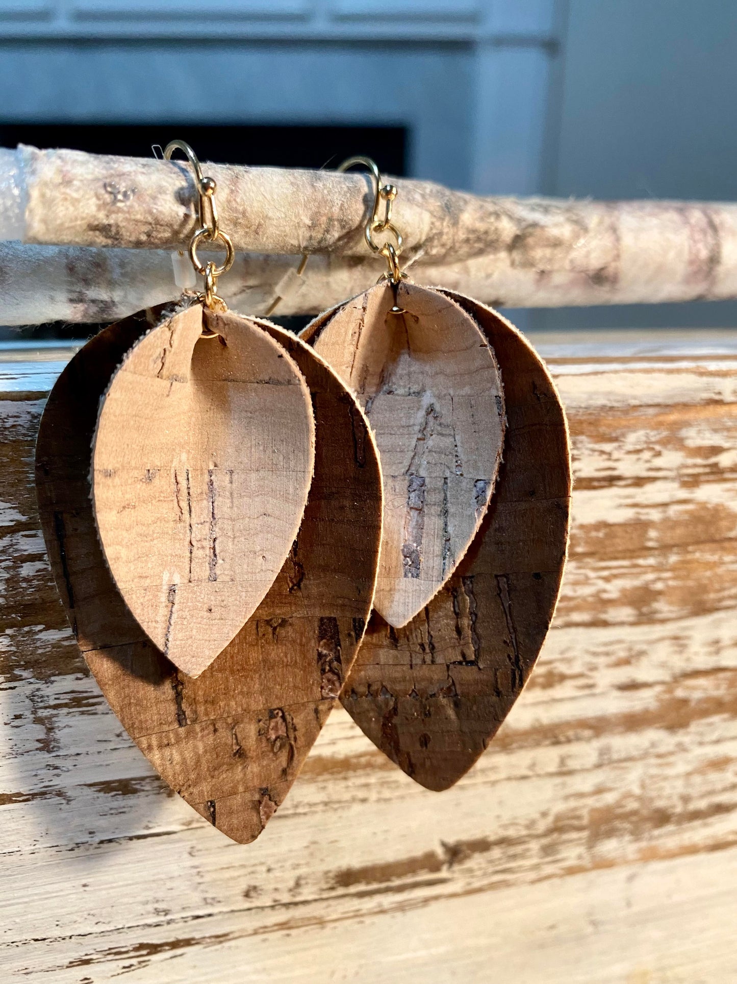 Layered Leaf Cut Cork Beige and Brown Earrings